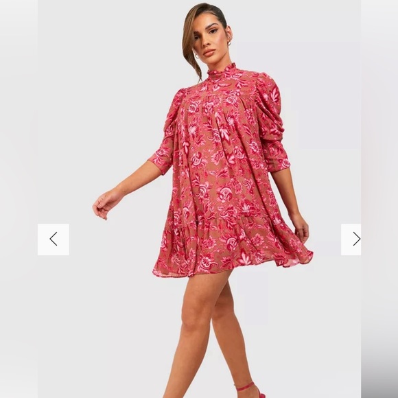 PUFF SLEEVE RUFFLE NECK SMOCK DRESS - Picture 1 of 4